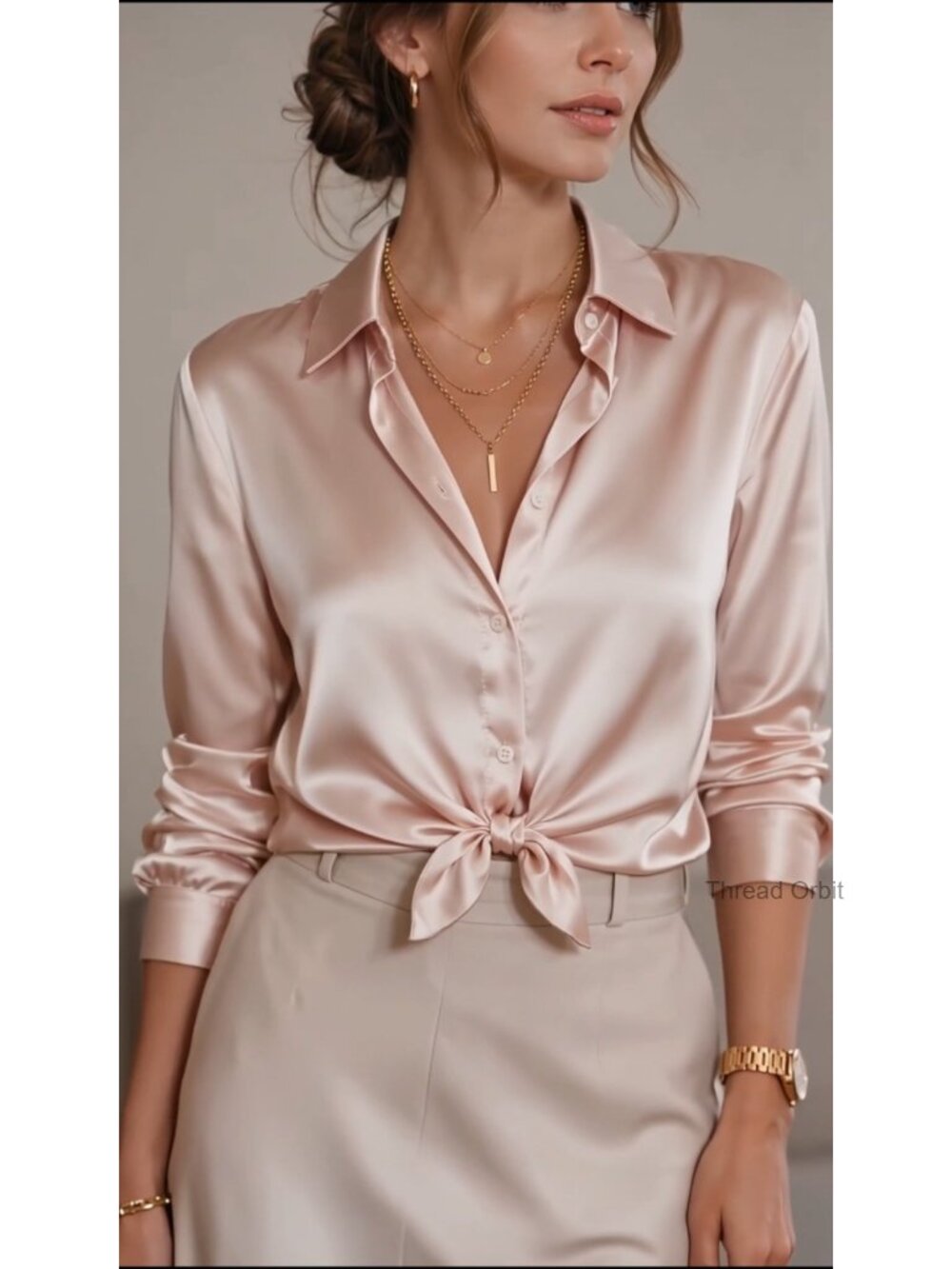 Satin Silk Button Down Blouse Long Sleeve Loose Fit Top - Picture 2 of 6